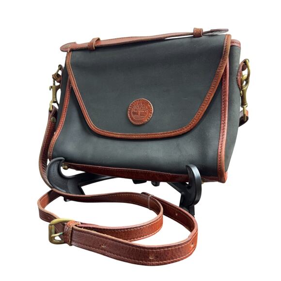Women's Vintage Timberland Black & Brown Leather Crossbody Messenger Bag Purse - Picture 7 of 12